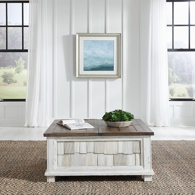 Liberty Furniture River Place Living Room Opt 3 Piece Set - Lift Top Cocktail Table, 2 End Tables - Riverstone White & Tobacco