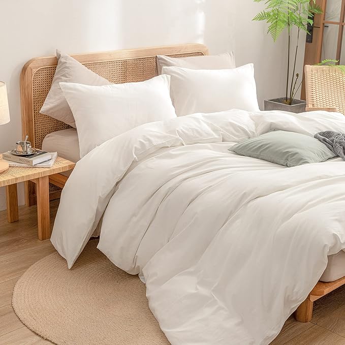 BESTOUCH Duvet Cover Set 100% Washed Cotton Linen Feel Super Soft Comfortable Chic Lightweight 3 PCs Home Bedding Set Solid Off White Full/Double