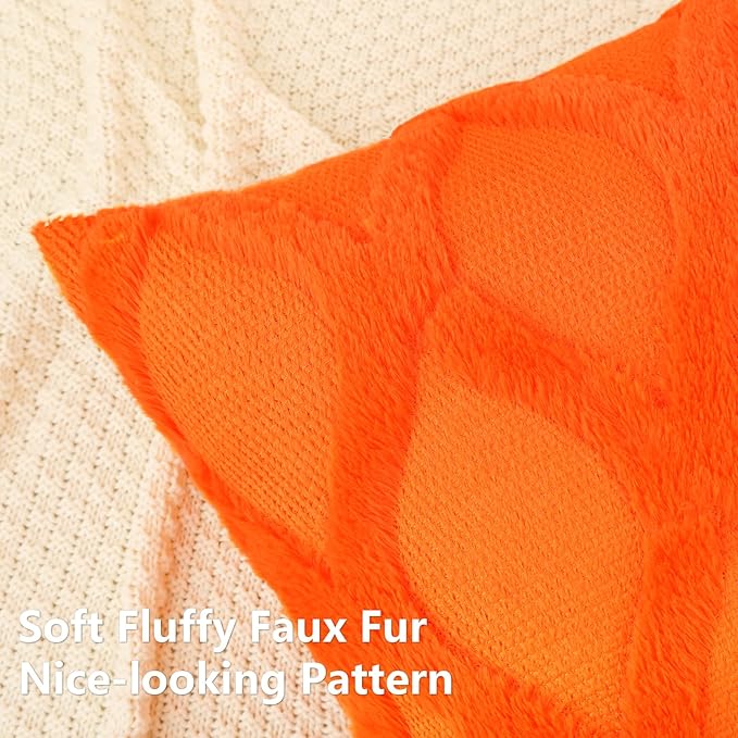 decorUhome Fall Throw Pillow Covers 16x16 Inch Set of 2, Soft Plush Faux Fur Wool Orange Couch Pillow Covers, Decorative Neutral Pillow Cases for Bed Sofa Living Room Home Decor