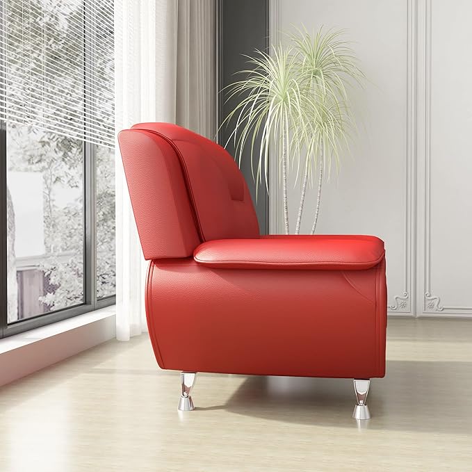 Container Furniture Direct Michael Modern Faux Leather Upholstered Stainless Steel Legs Living Room Sofa, Chair, Red