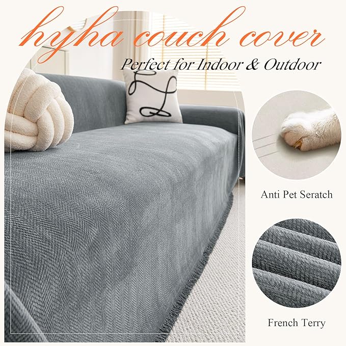 hyha Couch Cover for Dogs, Boho Sofa Covers for 3 Cushion Couch Washable, Chenille Sofa Slipcover for Pets, Soft Loveseat Sectional Couch Throw Blankets with Tassels (Grey, 88.5x118 Inch)