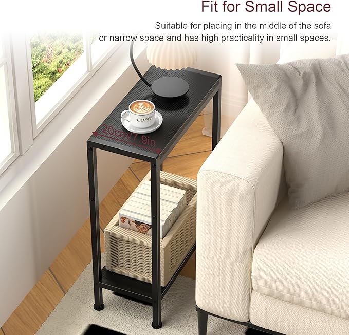 Narrow Side Table for Small Space, 2-Tier Small End Table with Shelf Holder in Living Room, Bedroom, Study, Kitchen and Balcony (Black)