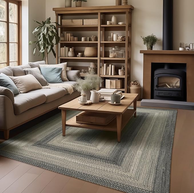 Homespice Flint Hill Braided Dark Gray Area Rugs 8x10' - Primitive Style Dining Room Rugs for Under Table