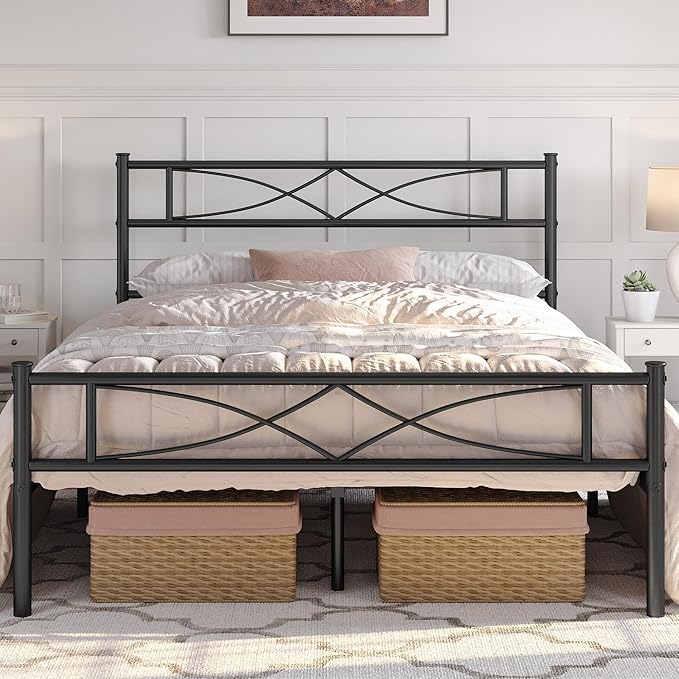 Yaheetech Metal Queen Platform Bed Frames Mattress Foundation with Storage/Curved Design Headboard/NO Box Spring Needed/Heavy-Duty Support/Easy Assembly, Queen, Black