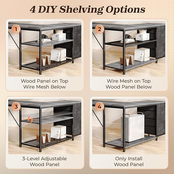PRAISUN 53" L Shaped Desk with Power Outlets and USB-C Port, Reversible Computer Corner Office Desk with 4 Fabric Drawers and 2 Height-Adjustable Shelves, Large for Gaming Writing Work Study, Grey