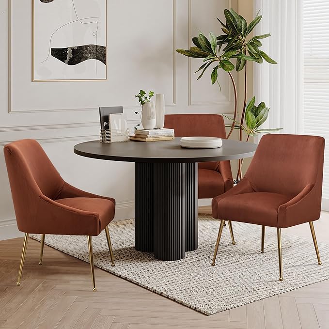 Modern Velvet Dining Chairs Set of 6, Contemporary Upholstered Furniture Collection with Polished Gold Metal Legs, Elegant Accent Chairs for Kitchen Living Room(Brown)