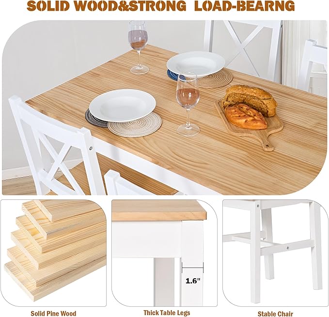 soges 5 Pieces Dining Table Set, Pine Wood Kitchen Table with 4 Chairs, 47.2 inch Kitchen Table Set for 4, Rectangular Dining Table Furniture Set for Kitchen, Dining Room, Dinette, White & Oak