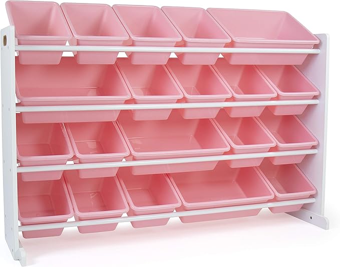 Humble Crew Extra-Large Toy Organizer with 20 Plastic Bins – Pink/White Storage Rack with 4-Tier Shelves, Anti-Tip Safety, for Kids’ Rooms, Playrooms, Nurseries & Classrooms