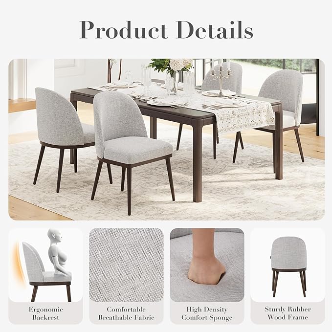 COLAMY Upholstered Dining Chairs Set of 2, Large Dining Room Kitchen Chairs with High Back and Deep Seat, Modern Fabric Dinner Chairs with Wood Legs, Light Grey