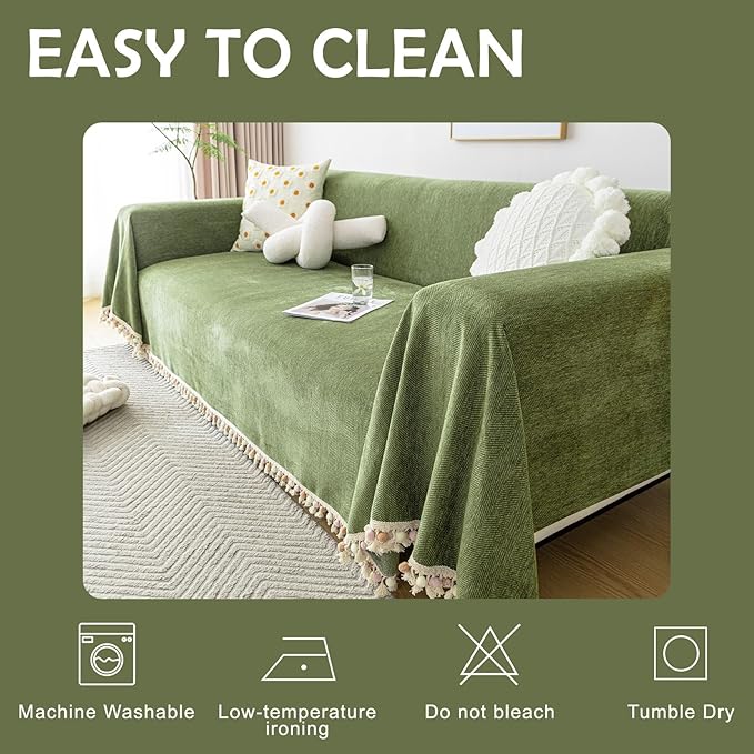 HANDONTIME Green Sofa Cover Vintage Couch Cover for Dogs 91" X150" Couch Cushion Covers with Tassel Herringbone Sofa Cover Boho Sofa Covers for 3 Cushion Couch Chenille Soft Loveseat Sofa Covers