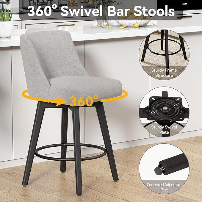 Counter Height Swivel Bar Stools Set of 3, 26 Inch Bar Stools with Footrest, Linen Fabric Upholstered Barstools with Back and Solid Wood Legs for Kitchen Island, Dining Room,Pub,Light Grey