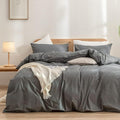 BESTOUCH Duvet Cover Set 100% Washed Cotton Linen Feel Super Soft Comfortable Chic Lightweight 3 PCs Home Bedding Set Solid Dark Grey King