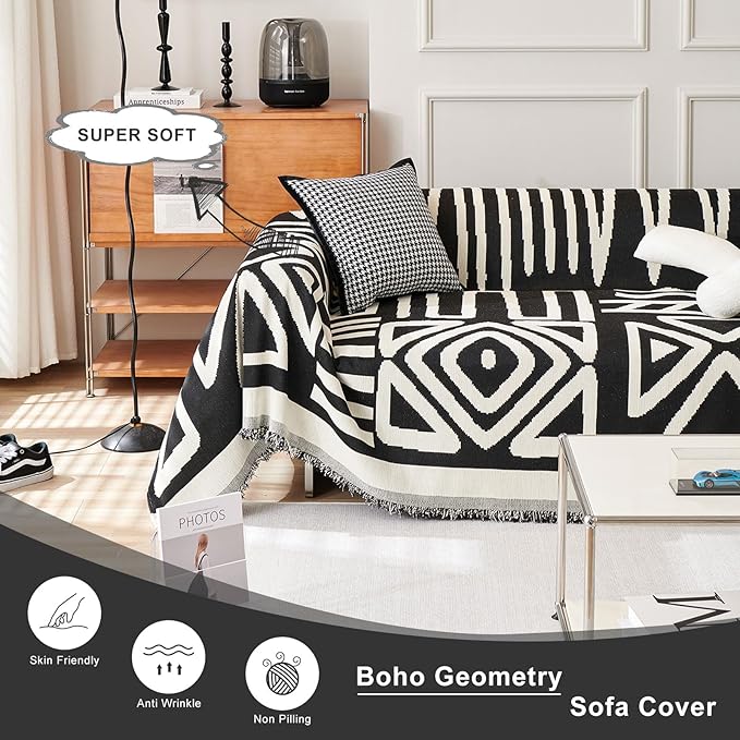 STACYPIK Reversible Boho Couch Cover Ivory Black Futon Armchair Slipcovecrs Anti-Slip Sofa Cover for Dogs Cats Geometric Triangle Couch Cover Versatile Furniture Protector for 2 Cushion Couch-71X102IN