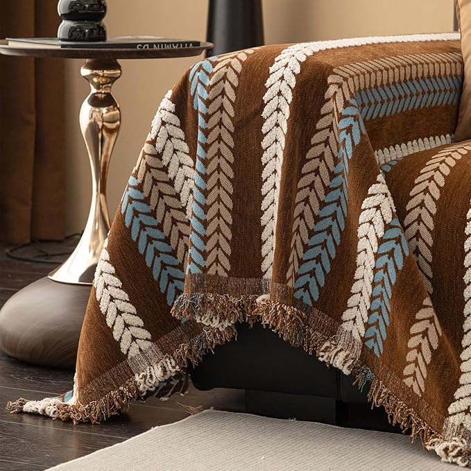 STACYPIK Khaki Jacquard Leaves Sofa Cover, Vintage Couch Cover for Dogs, Washable Pet Protector for 2 Cushion Couch, Non-slip Chenille Sofa Covers for Loveseat, Boho Couch Cover for Sectional-71X118IN