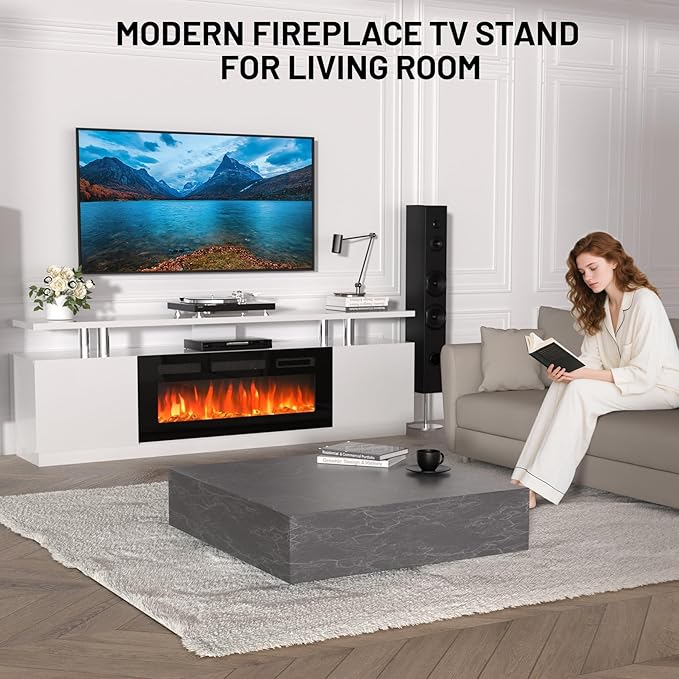GarveeHome 70 Inch Fireplace TV Stand with 36 Inch Electric Fireplace, 12 Colors LED Lights, 750W/1500W for Max 80 Inch TV, 2 Tier Storage 2 Door Cabinet