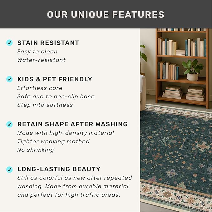 Dark Green 2x6 Kitchen Rug - Modern Vintage Boho Eclectic Floral with Brown Accent, Washable Low Pile Non-Slip Runner Rugs for Bathroom, Door Mat Indoor Entrance, Hallway, Bedroom, Laundry