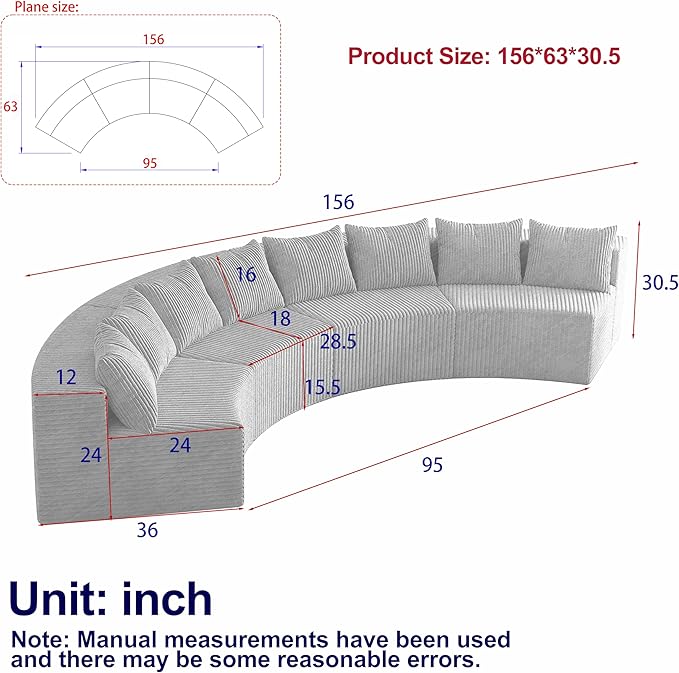 KEIKI Corduroy Curved Sectional Sofa, 4 Seater Symmetrical Modular Semi Circular Couch, Deep Seat Tufted Corner Sofa for Living Room, Lobby, Gray