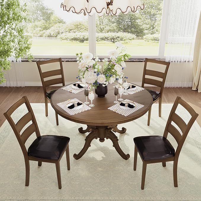 COLAMY Upholstered Dining Chairs Set of 2, PU Leather Ladder High Back Dining Room Kitchen Side Chair with Adjustable Foot Pegs, Dark Brown
