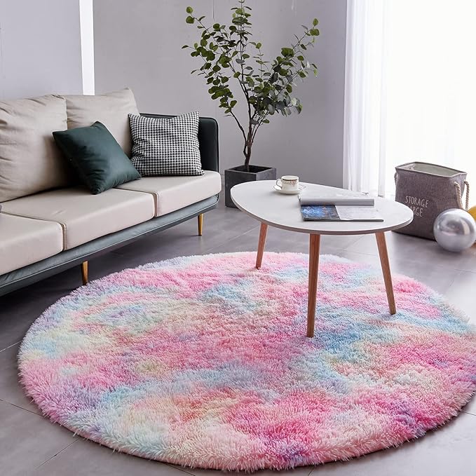 FJZFING Rainbow Round Rug Ultra-Soft Plush Modern 7x7 Circle Area Rug for Kid's Bedroom, Fluffy Shag Circular Rug for Nursery Room, Non-Slip Home Decor Colorful Carpet for Teen's Room