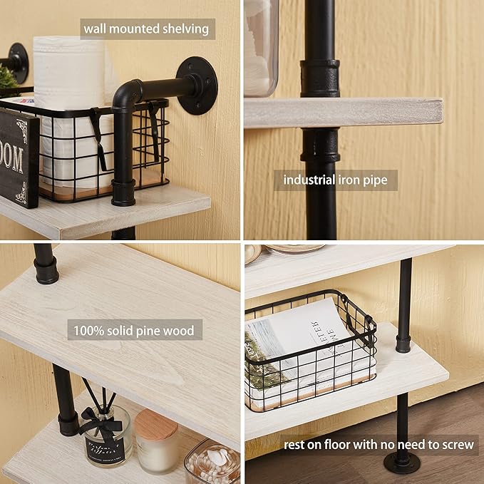 Pipe Shelves, Wall Mounted Wood Metal Industrial Shelves, Ladder Bookshelf for Living Room (White, 10" D x 30" W x 82.5" H)