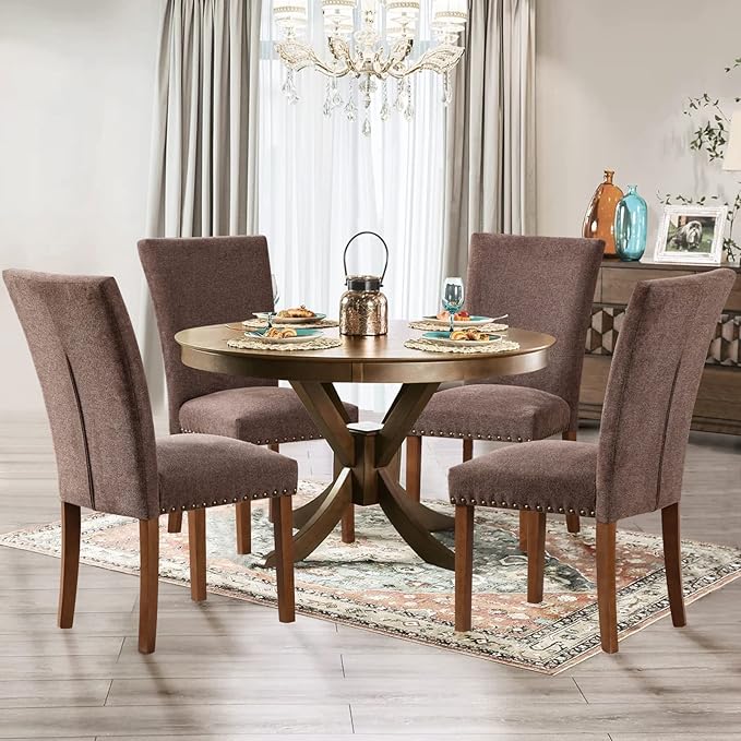 Parsons Dining Chairs Set of 6, Upholstered Nailhead Dining Room Kitchen Side Chair with Thick Cushions and Wood Legs, Brown
