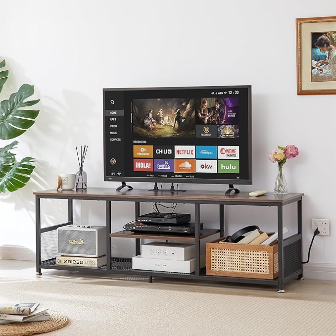 VECELO TV Stand with Power Outlets for Televisions up to 65Inch, 55" Media Entertainment Center with Charging Station 3-Tier Open Storage Shelves with Metal Frame for Living Room/Bedroom，Brown