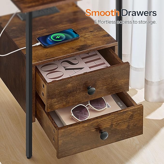 HOOBRO End Table Set of 2 with Charging Station, Nightstand with 2 Drawer & USB Ports & Power Outlets, Bedside Table for Small Spaces, Stable and Sturdy, for Living Room, Rustic Brown BF43UBZP201