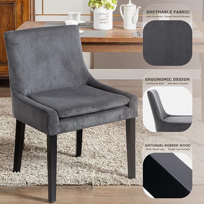COLAMY Modern Dining Chairs Set of 6, Upholstered Corduroy Accent Side Leisure Chairs with Mid Back and Wood Legs for Living Room/Dining Room-Grey