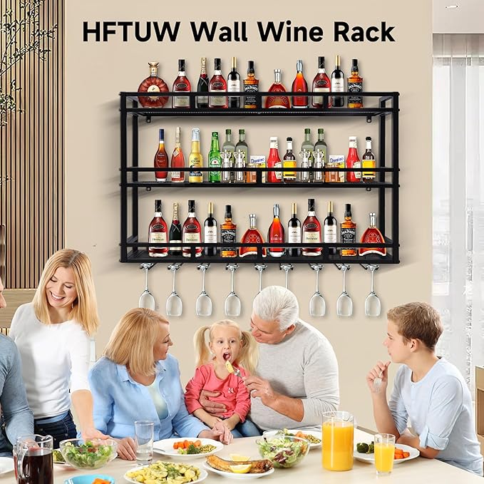 Metal Wine Rack Wall Mounted, Bar Shelves for Liquor Bottles with LED Light, 3 Tier Large Capacity Liquor Rack Wall Mounted with Glass Holder for Home Bar & Dining Room （Black, 31in/80cm）