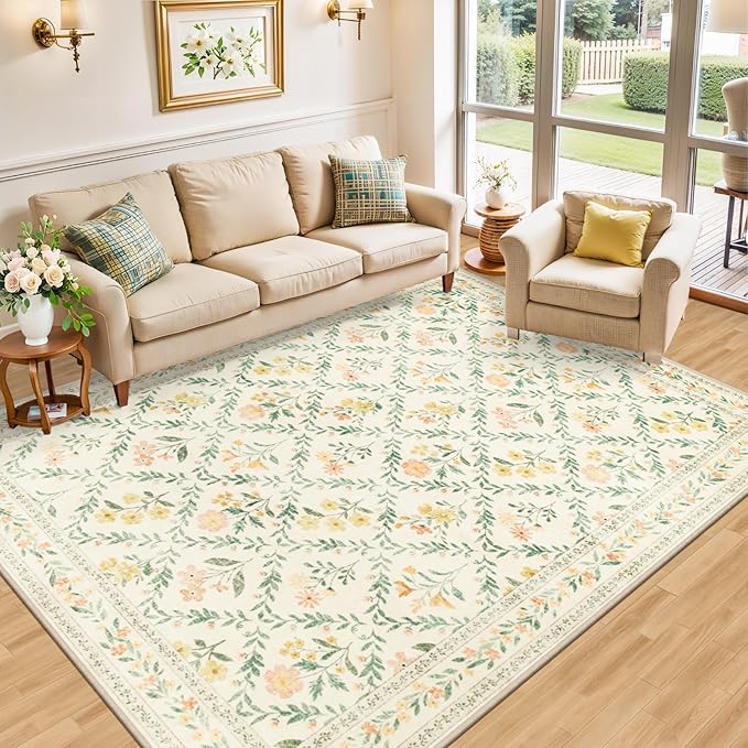 Area Rug Living Room Rugs: Floral 5x7 Washable Rug Vintage Soft Boho Non-Slip Carpet Indoor Stain Resistant Large Carpets for Bedroom Dining Room Farmhouse Nursery Hallway Home Office Beige/Multi