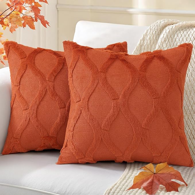 decorUhome Fall Throw Pillow Covers 16x16 Inch Set of 2, Soft Plush Faux Fur Wool Rust Couch Pillow Covers, Decorative Neutral Pillow Cases for Bed Sofa Living Room Home Decor