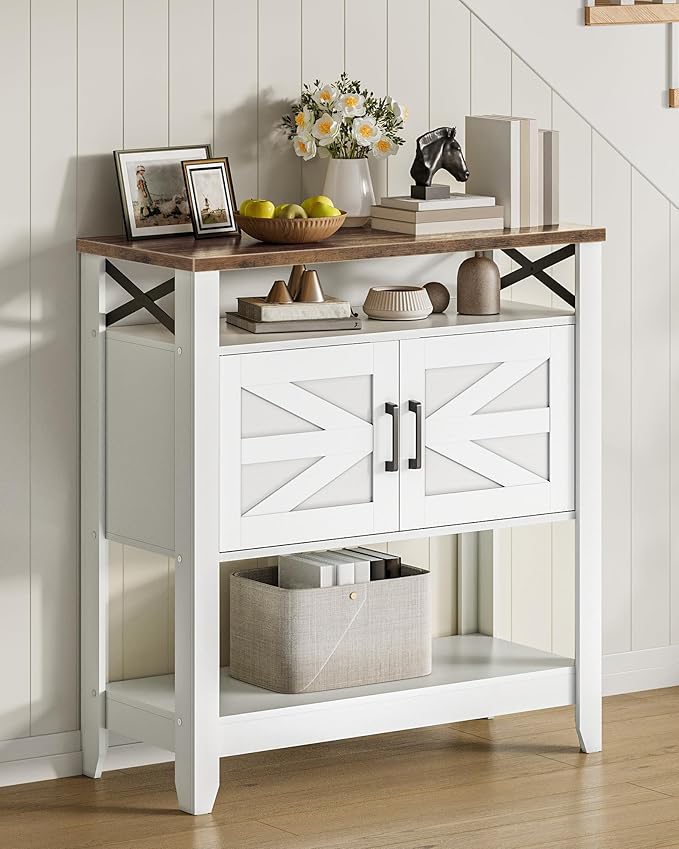 Console Table, Farmhouse Sofa Table with Power Outlet, Entryway Table with Cabinet and Open Shelves, Coffee Bar Cabinet with Storage for Entrance, Hallway, Kitchen, White and Walnut MXG01UWL