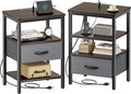 SUPERJARE Nightstand Set of 2, Bed Side Tables with Charging Station, Adjustable Fabric Drawer, Night Stand for Bedroom, 3-Tier Storage End Tables, Walnut