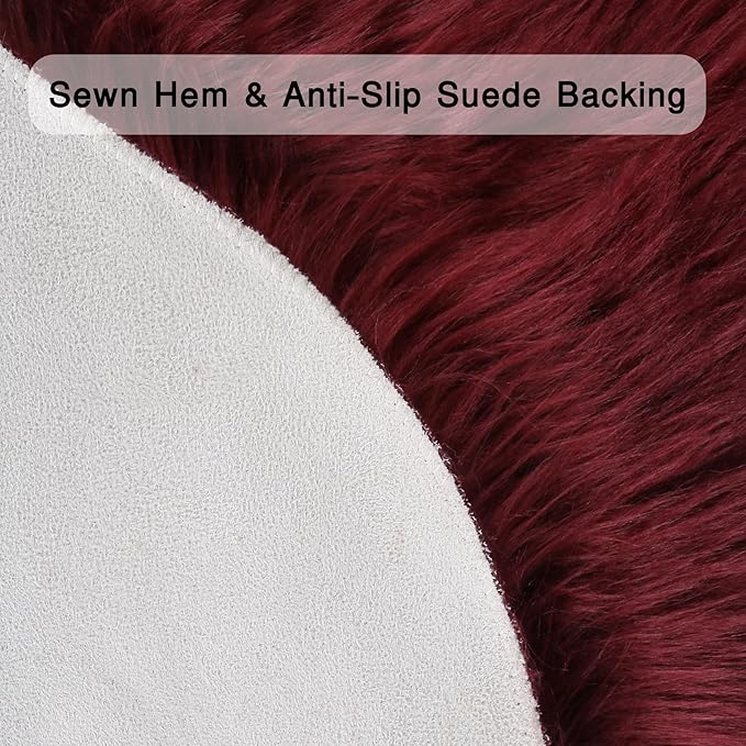 duduta Burgundy Sheepskin Throw Rug 2x3 ft, Fluffy Shag Faux Fur Seat Chair Covers Non Slip Washable