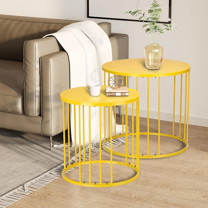 SUNNYPARK Outdoor Side Table Set of 2, Metal Circle Accent End Tables for Balcony Backyard Garden Indoor Living Room, Durable Black Nesting Coffee Tables, 20”+16” Dia
