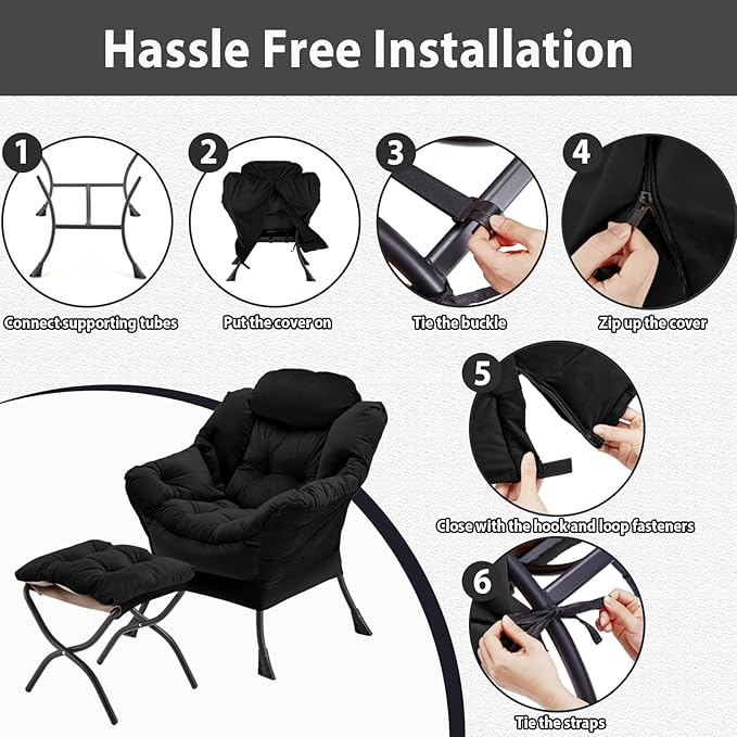 Lazy Chair with Folding Ottoman, Accent Chair Velvet Upholstered with Metal Structure and Non-Slip Pads, Sofa Armchair with Footrest and Side Storage Bag for Dorm, Room, Office, Black