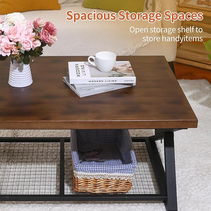 EASYSOUL Coffee Table with Storage Shelf, Solid Wood Top with Black Metal X-Frame, 39.37" D x 23.62" W x 18.11" H, Mid Century Modern Center Coffee Tables for Living Room with 2 Tier (Brow, 39.37")