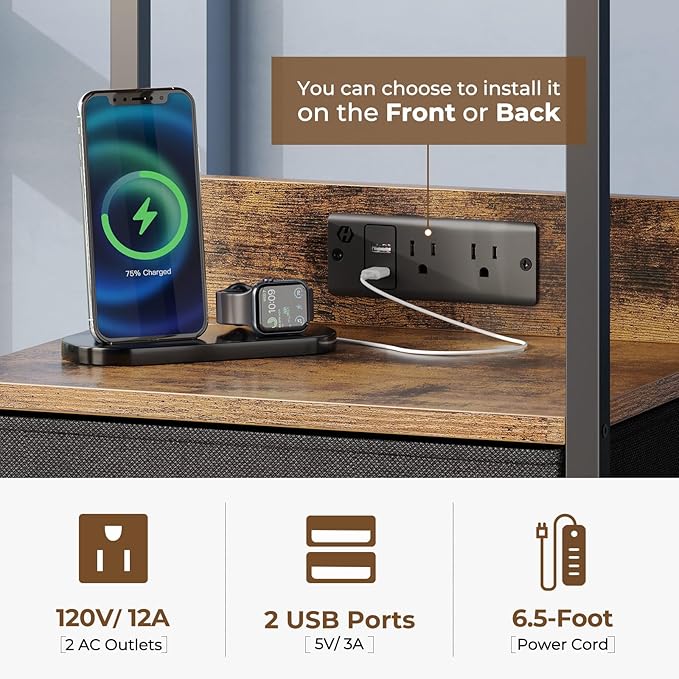 Seventable Nightstand with Charging Station and LED Light, Side Table with 3 Fabric Drawers, Bedside End Table with USB Ports and Outlets, Night Stand for Bedroom, Rustic Brown
