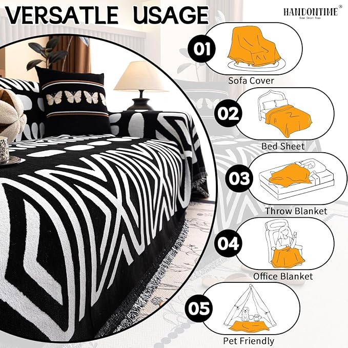 HANDONTIME Boho Couch Cover Blanket Geometric Striped Pet Covers for Couches and Sofas Black and White Dog Cover for Couch Pet Friendly Chenille Sectional Sofa Covers for Pets Washable, 71" X 134"