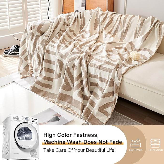 STACYPIK Boho Khaki White Cream Sofa Cover for Sofas Chenille Triangle Couch Cover Reversible Furniture Covers for 3-4 Cushion Couch L Shaped Couch Cover for Dogs Cats Non-Silp Loveseat Cover-91X150IN