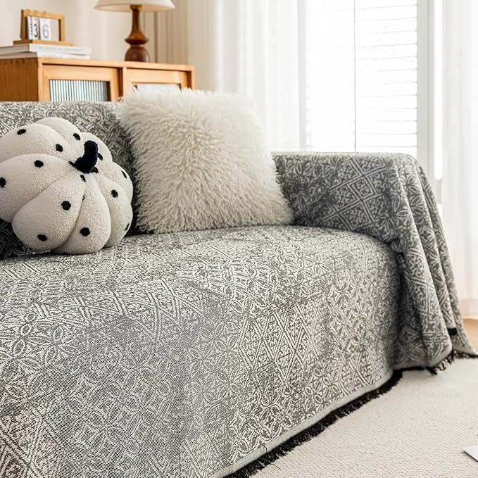 STACYPIK Geometric Pattern Sofa Cover Blanket, Black Couch Throw for Living Room, Couch Covers for Dogs, Washable Furniture Protector for 3 Cushion Sofa with Tassel, Anti-Slip Throw Cover-71X150IN