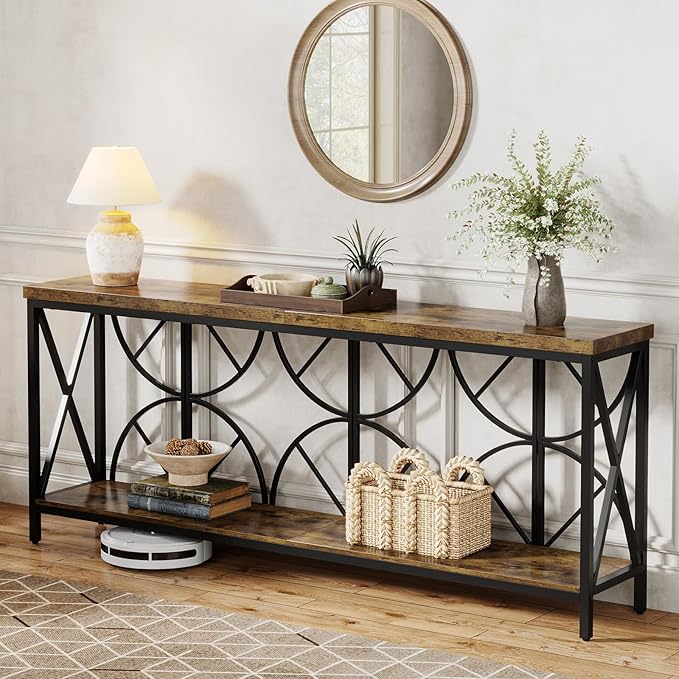 70.9-Inch Extra Long Sofa Table, Narrow Console Table Behind Couch with Storage for Entryway, Living Room, Entrance, Hallway, Foyer, Unique Geometric (Rustic Brown)