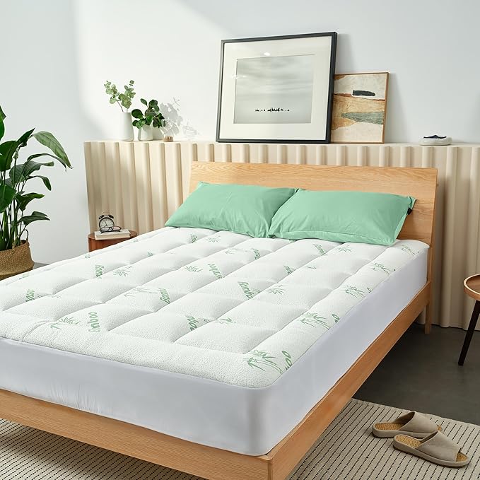Ultra Soft Twin XL Size Mattress Topper - Viscose Made from Bamboo Pillow Top Mattress Pad for Back Pain Relief - Naturally Cooling for Hot Sleepers, Green