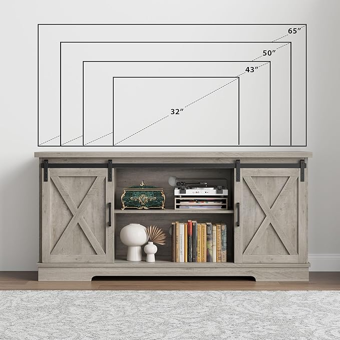 CABIHOME Farmhouse Tv Stand for 65 Inches TVs, Entertainment Center with Storage and Sliding Barn Doors, Adjustable Shelf Modern Media TV Console TV Stand Table for Living Room, Bedroom, Grey