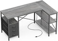 Huuger L Shaped Office Desk with Power Outlets, 47 Inch Computer Desk with 3 Drawers, Shelves, for Gaming, Corner Work, Home Office, Study, Grey