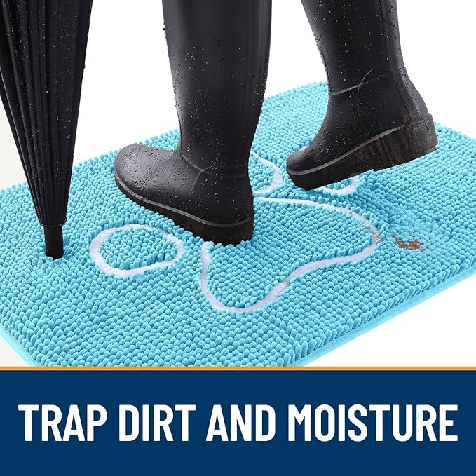 OLANLY Door Mat for Muddy Dog Paws 59x35, Ultra Absorbent Chenille Mud Doormat with Paw Print Design, Non-Slip Washable Doormat for Indoor Entryway, Quick-Dry Pet Bed Mats for Dirty Dogs, Blue