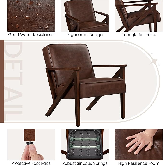 Yaheetech Accent Chair, Armchair with Strong Wood Frame, PU Leather Modern Retro Lounge Chair for Living Room/Lounge/Office/Reception Area, Dark Brown
