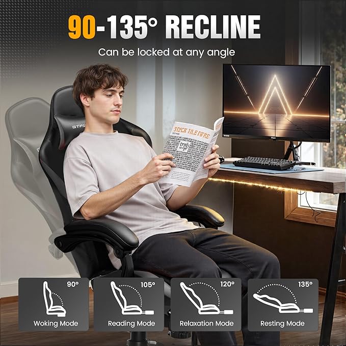 GTRACING Gaming Chair with Foot Rest & Pocket Spring Cushion, Ergonomic High Back Computer Chair with Headrest & 360°-Swivel Seat for Home Office Desk, PU Leather, Dark Gray
