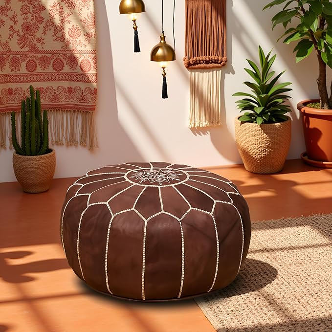 Stuffed Round Design Moroccan Leather Pouf Ottoman, Handmade, Pre-Filled, 100% Genuine Leather, 13” Height x 20” Diameter, Footstool & Living Room Décor (Dark Brown)