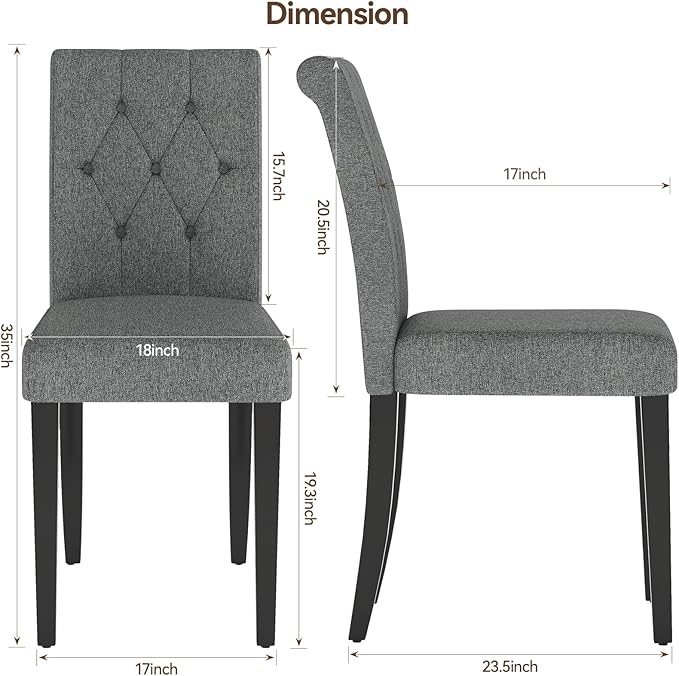 Upholstered Dining Chairs Set of 2, Button Tufted Parsons Dining Chair with Solid Wood Legs, Modern Fabric Side Chair for Dining Room/Kitchen/Restaurant/Hotel- Grey